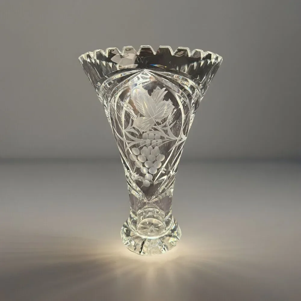 Vintage Crystal clear cut glass Vase Germany Lausitzer Glas etched grapes 10.5”